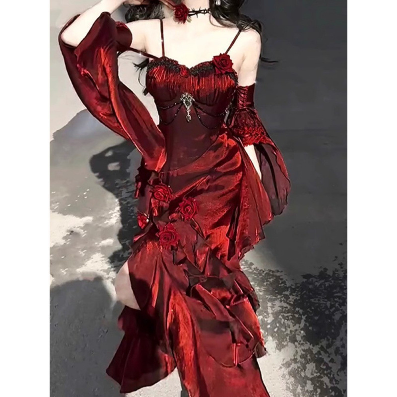 红色玫瑰礼服lolita鱼尾裙洛丽塔优雅女神御姐成人礼礼服生日裙子|undefined