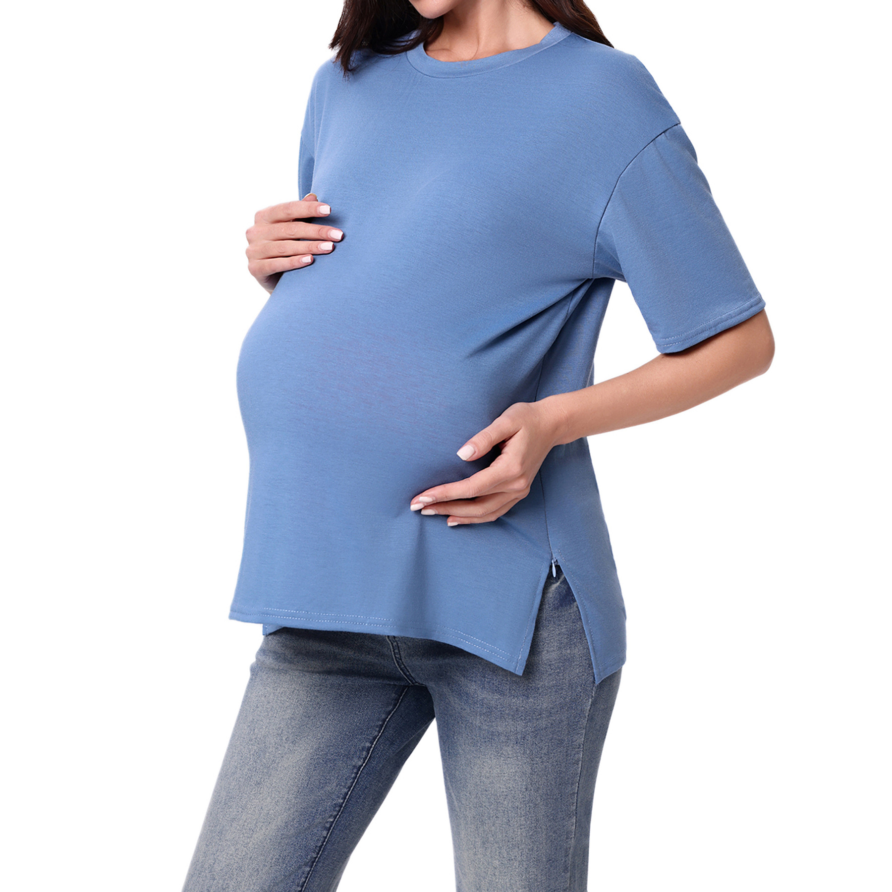 Maternity Nursing Top With Zipper Short Sleeves For Spring Summer_voghion.com