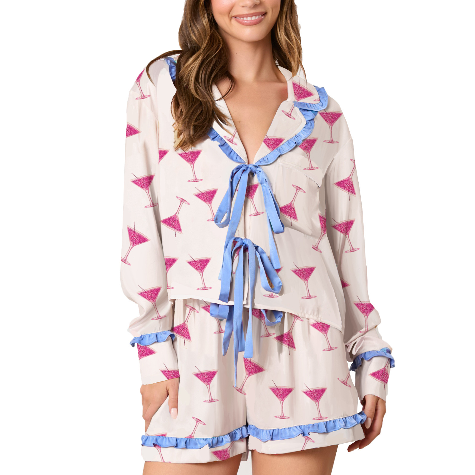 Pajamas Lingerie Type Silk Fabric Type Women's Cute Bow Knot Wine Glass Silk Shorts Sets Pajama Sets
