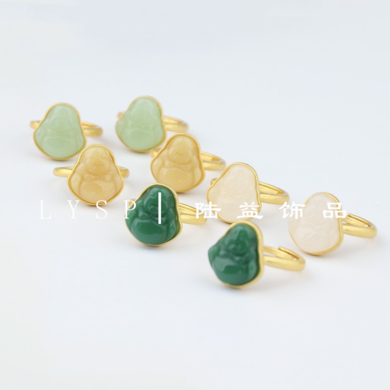 金镶玉金佛戒指男女款绿玉弥勒佛吊坠手饰仿玉戒指民族风饰品首饰