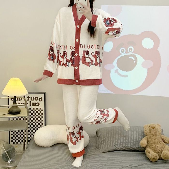 220 jin transfronterizos al por mayor tamaño M - 6XL pijamas de franela de invierno Cardigan con camisa de lana gruesa set de ropa para el hogar