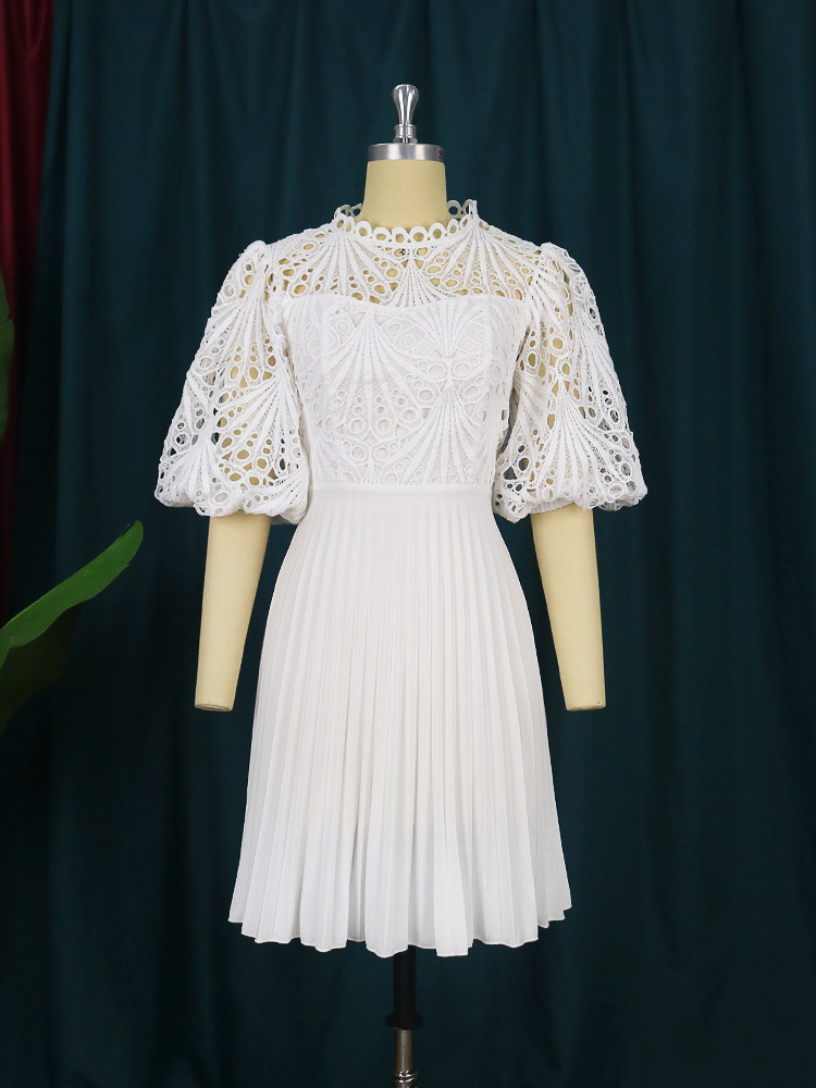 Summer Plus-size Women's White Lace Stitching Pleated Hollow Sexy Dress Dress