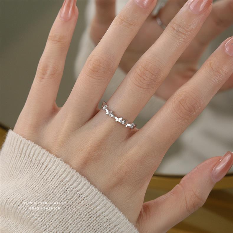 Waldschmetterlingsring für Damen, 999 reines Silber, High-End vielseitig, klein und frisch, verstellbar, Fuß Silber funkelnd_voghion.com