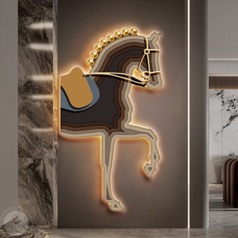 Modern Light Luxury Style Entrance Decorative Painting Horse to Success Advanced Sense Fantasy Mural Living Room Corridor Led Light Hanging Painting