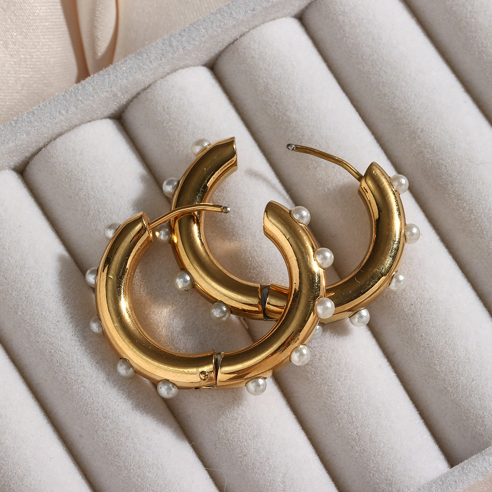 Fashion Geometric Stainless Steel Earrings Inlay Pearl Stainless Steel Earrings display picture 3