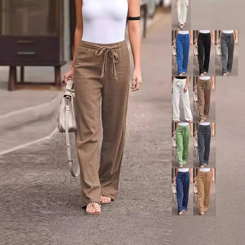 2024 women's wish AliExpress summer elastic waist solid color cotton and linen wide leg pants loose trousers women