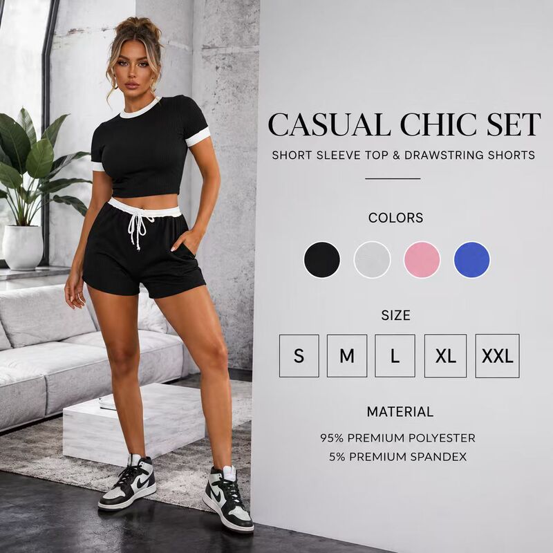 3159 Cross-Border European and American Women's Casual Fashion Street Style Ribbed Color-Block Round Neck Short-Sleeve Shorts Set Two-Piece Set