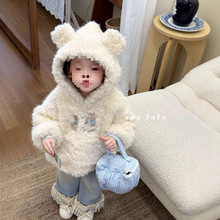 童装2025秋冬季新款女童小童韩版耳朵帽加绒毛毛外套花边牛仔裤