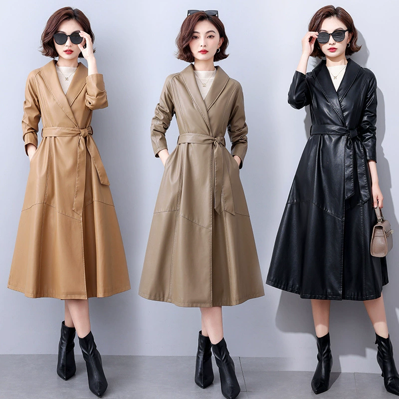 Long matte fitted trench coat, genuine leather, maxi length