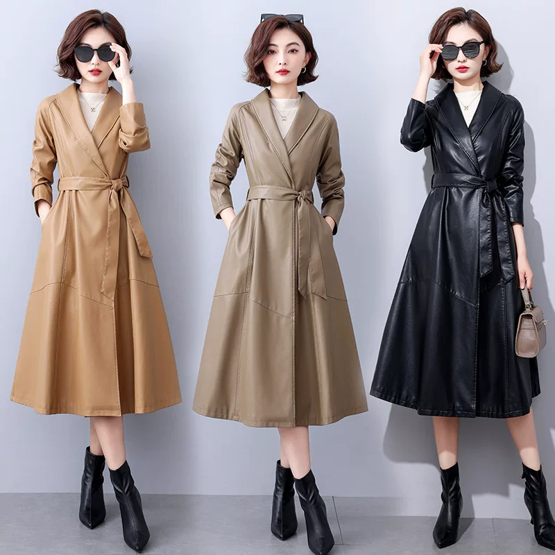 Long matte fitted trench coat, genuine leather, maxi length