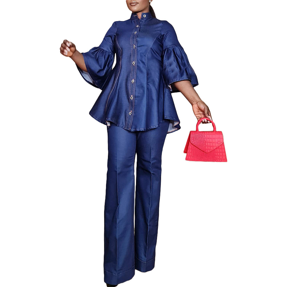 BN316 Cross-border Supply European And American Women's Clothing New Solid Color Denim High-neck Studded_voghion.com