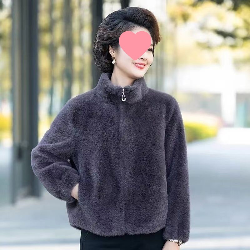 T5H冬季皮毛一体开衫立领高档洋气纯色短款外套时尚百搭加厚保暖