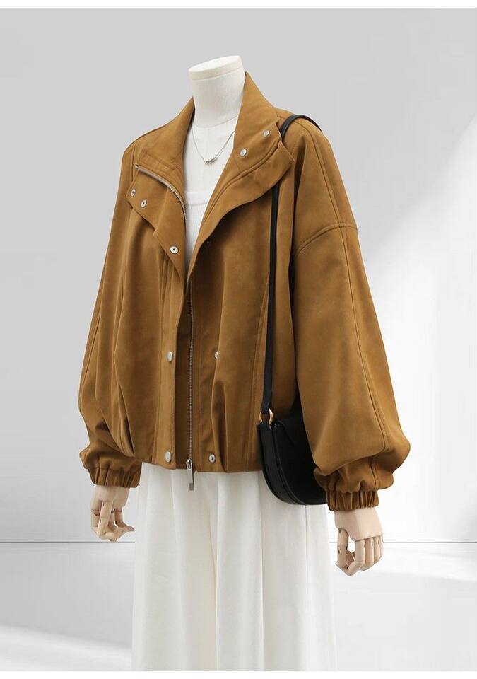 Áo khoác nữ dáng rộng cổ đứng phối lệch phong cách vintage, form suông thoải mái, khóa kéo tiện dụng — Brown Original Vải Nâng cấp chi tiết 8