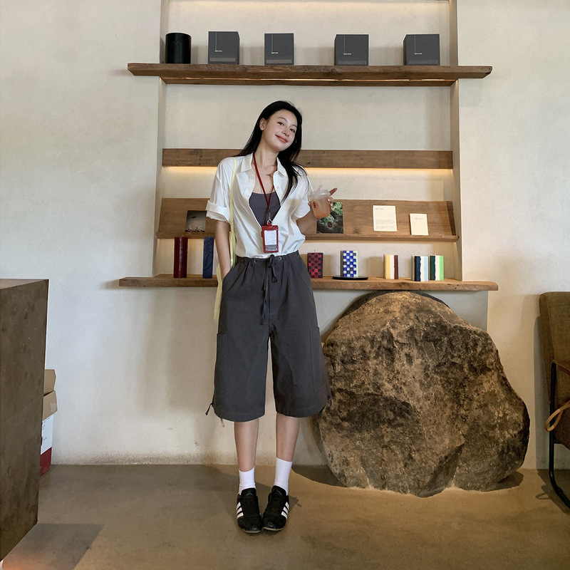 2025 Summer New Heavy-Duty Yarn Washed Drawstring Waist Cropped Cargo Loose Short Casual Pants for Women Gray