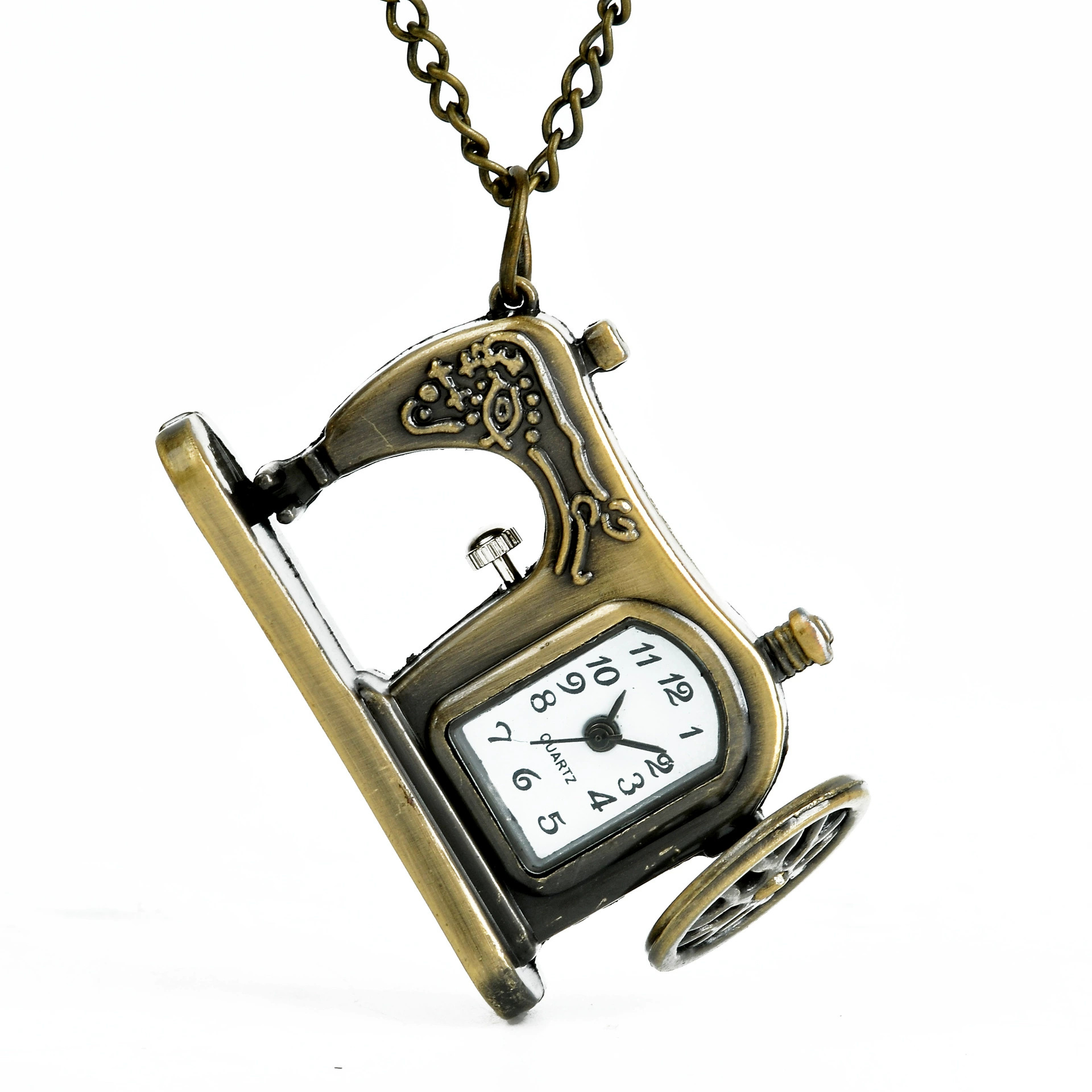 Cartoon Flip Cover Women's Pocket Watch Necklace Retro Jewelry Wholesale Commemorative Pocket Watch Hanging Watch Sewing Machine Small Bronze