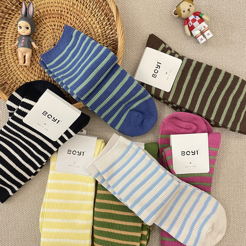 Korean style new striped socks women's Japanese ins style basic color matching pile socks trendy all-match cotton mid-calf length socks