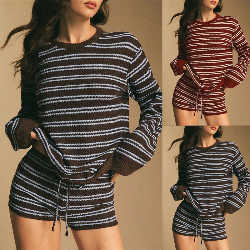 2026 Cross-Border European and American Women's Clothing Amazon Autumn New Striped Long-Sleeve T-Shirt and Tie Shorts Casual Two-Piece Set