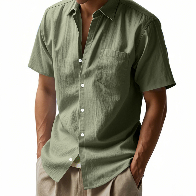 Chemise en lin uni neuve, manches courtes, col rabattu, coupe ample, décontractée, avec poches, style américain._voghion.com