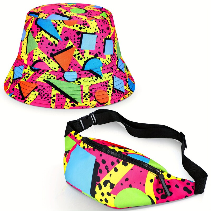 Hawaiian Style Retro 80S 90S Fashion Polyester Bucket Hat and Waist Bag Set Male
