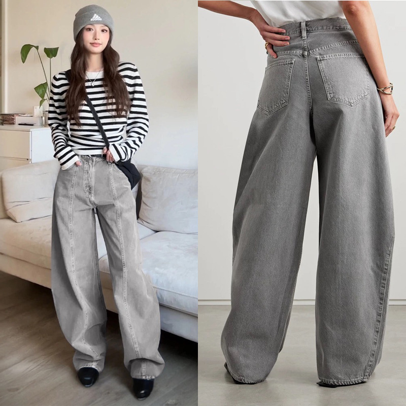 2025 Early Spring New European and American Ag Same Style Light Gray Non-Elastic High-Waisted Mid-Line Wide-Leg Scimitar Pants Denim Pants for Women 2025 Early Spring New European and American Ag Same Style Light Gray Non-Elastic High-Waisted Mid-Line Wide-Leg Scimitar Pants Denim Pants for Women