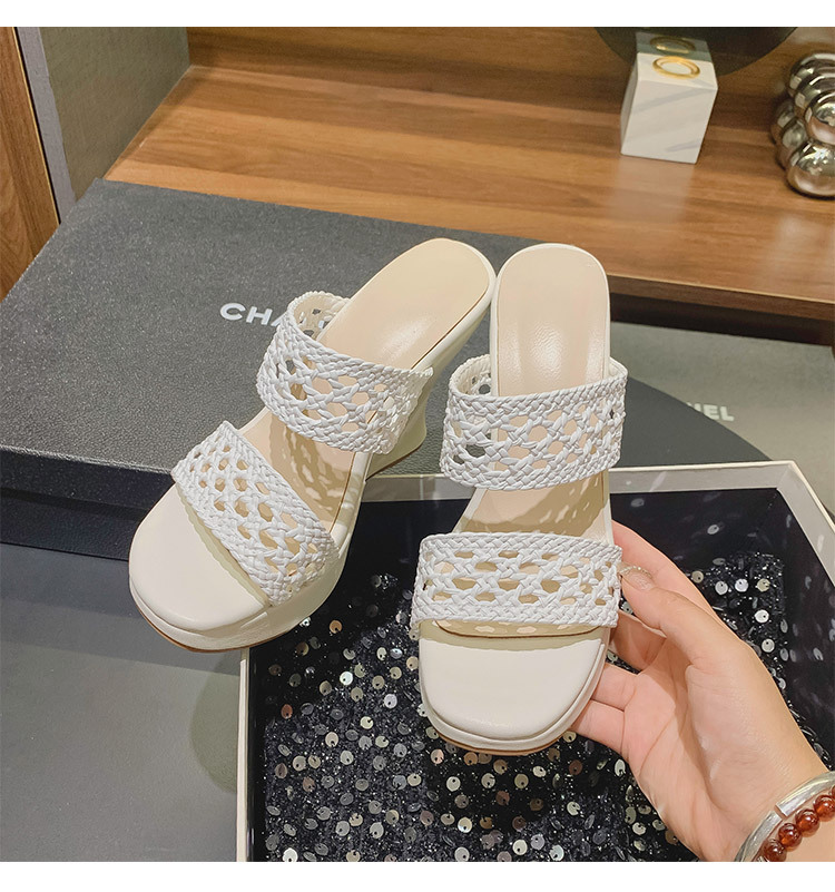 Dép lê đan phong cách Chanel đế xuồng cao gót 10cm cho nữ mùa hè — Màu đen, Màu trắng chi tiết 9