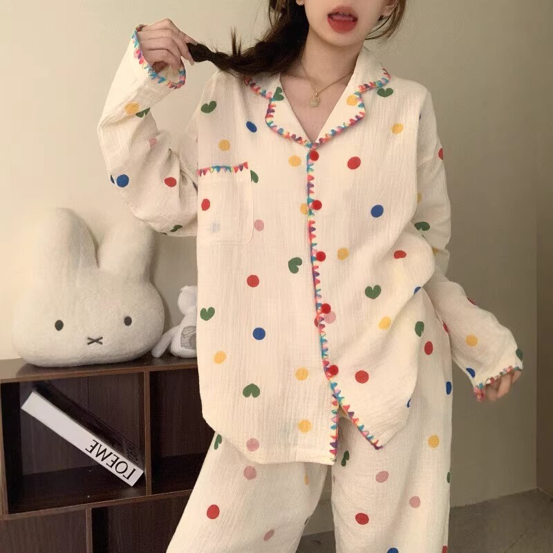 波点睡衣女春秋款长袖套装高级感韩版开衫家居服秋季可爱跨境批发|undefined
