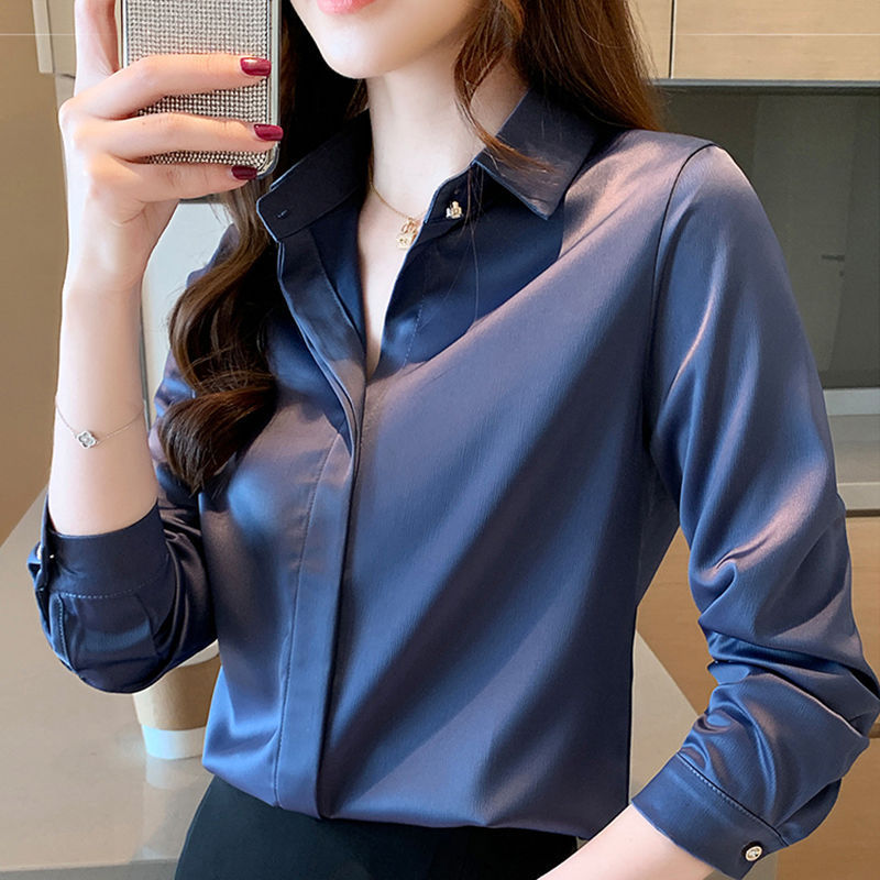 杭州のシルクのシャツの女性の長袖の春秋服の新型の绢糸の上着の白い職業は底のシャツの女性を詰めます。|undefined