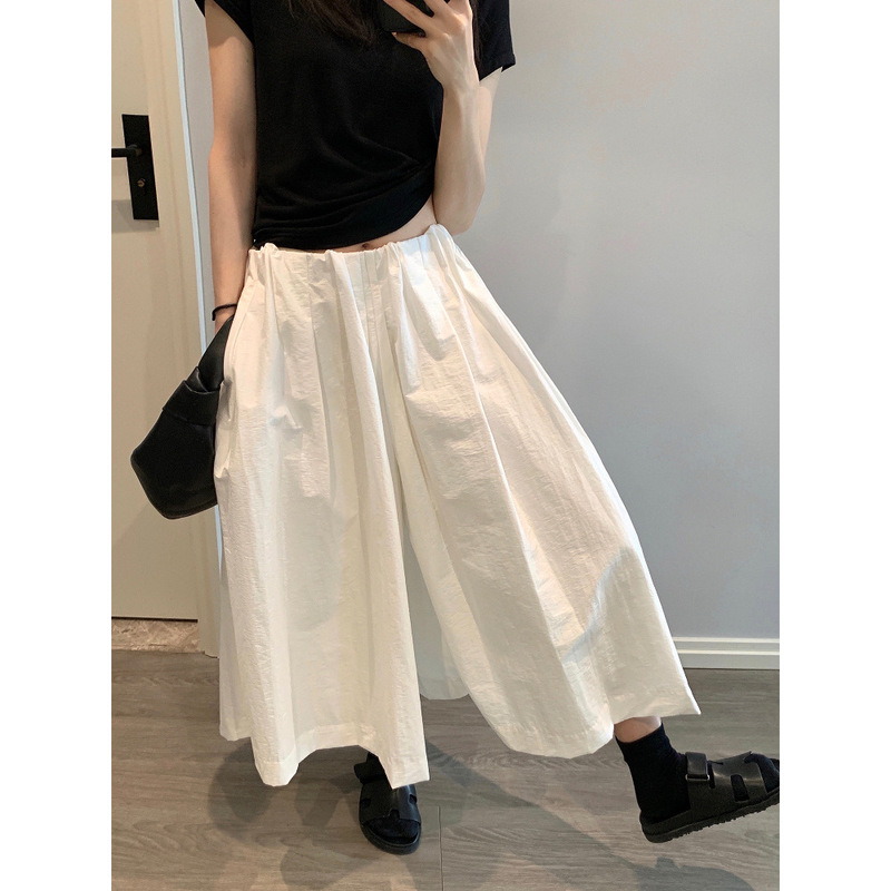 Awencoat White Wide-Leg Pants for Women Summer Waist Pleated Design Loose Elastic Waist Three-Point Casual Culottes