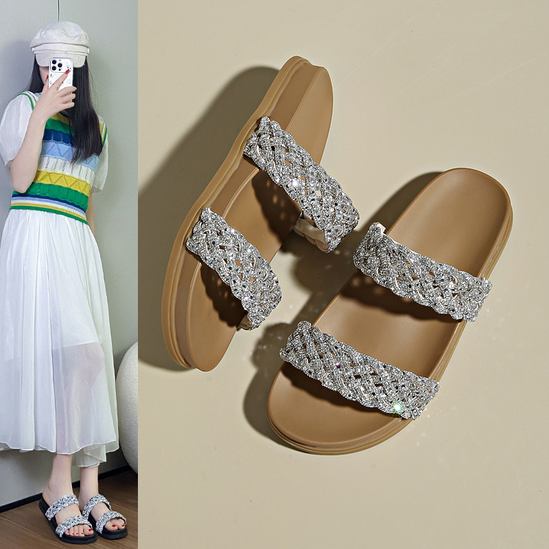 women's Slippers Sparkling Diamond Woven Fashionable Casual Slippers For Women, New Summer Versatile Low-Heel Flat Slip-On Sandals_voghion.com