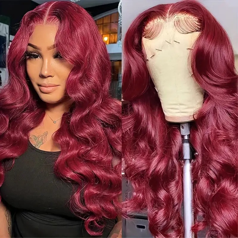 Burgundy Front Lace Wig 13 X 4 Full Head Long Wavy Curls Synthetic Hair Extension European And American Fashion_voghion.com
