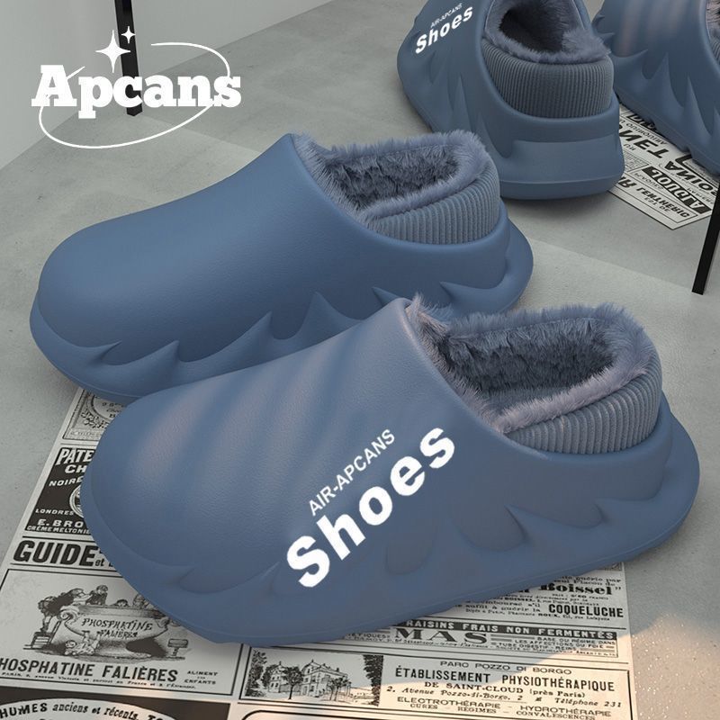 Apcans防水棉拖鞋男冬季加绒保暖防滑包跟棉鞋外穿厚底冬天居家鞋|undefined