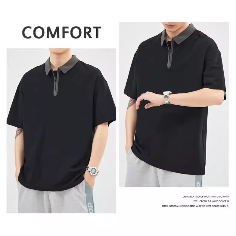 Nuevos niños de verano color sólido negro de manga corta marca de moda cremallera POLO camisa solapa simple suelta casual top de moda