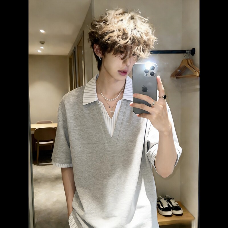 Mature Gray Two-Piece Style V-Neck Polo Shirt Short-Sleeve Men's Summer High-End Cool American-Style Heavyweight Half-Sleeve T-Shirt Mature Gray Two-Piece Style V-Neck Polo Shirt Short-Sleeve Men's Summer High-End Cool American-Style Heavyweight Half-Sleeve T-Shirt