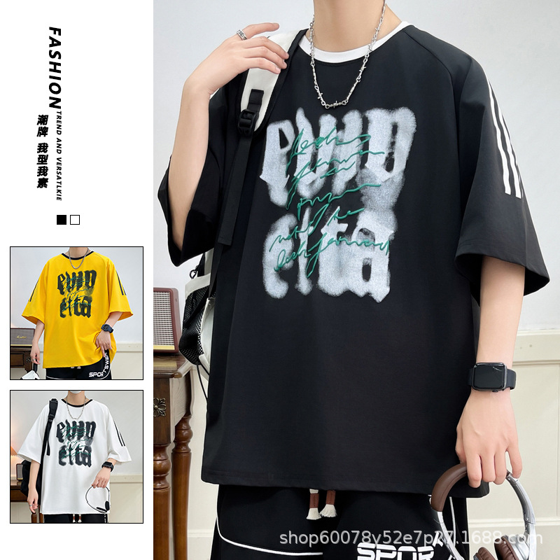 Summer New Short-Sleeve Men's Trendy Versatile Loose Fashion Crew Neck T-Shirt for Teenagers with Quarter Sleeves
