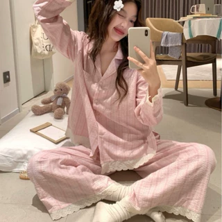 韩国ins女士春秋新品甜美韩版舒适清新翻领花边家居服睡衣套装女