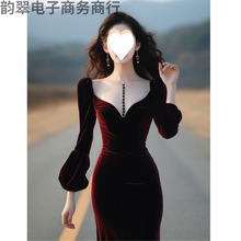 法式气质女神范订婚回门晚会礼服高级感端庄大气红色丝绒连衣裙冬