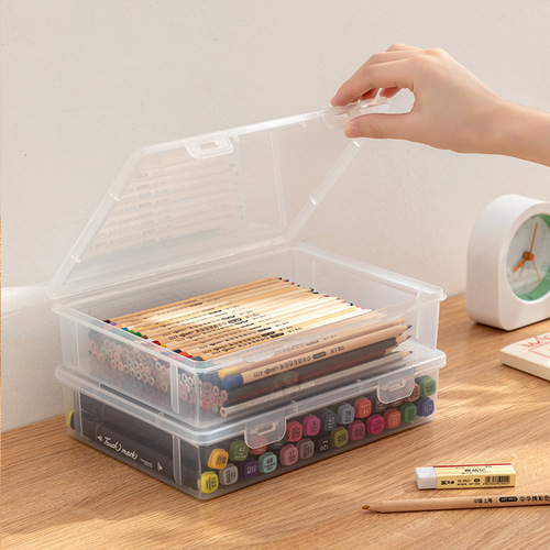Transparent storage box for stationery, large capacity, can hold pens, markers, colored pencils, organizational storage box, stackable