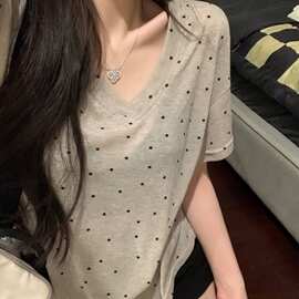 纯欲微透领波点系列款短袖恤女夏季设计款宽松百搭垂感薄款上衣