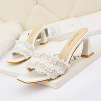 5569-5 in Europe and the sexy peep-toe heels sandals thick with pearls show thin joker web celebrity party sandals for women's shoes
