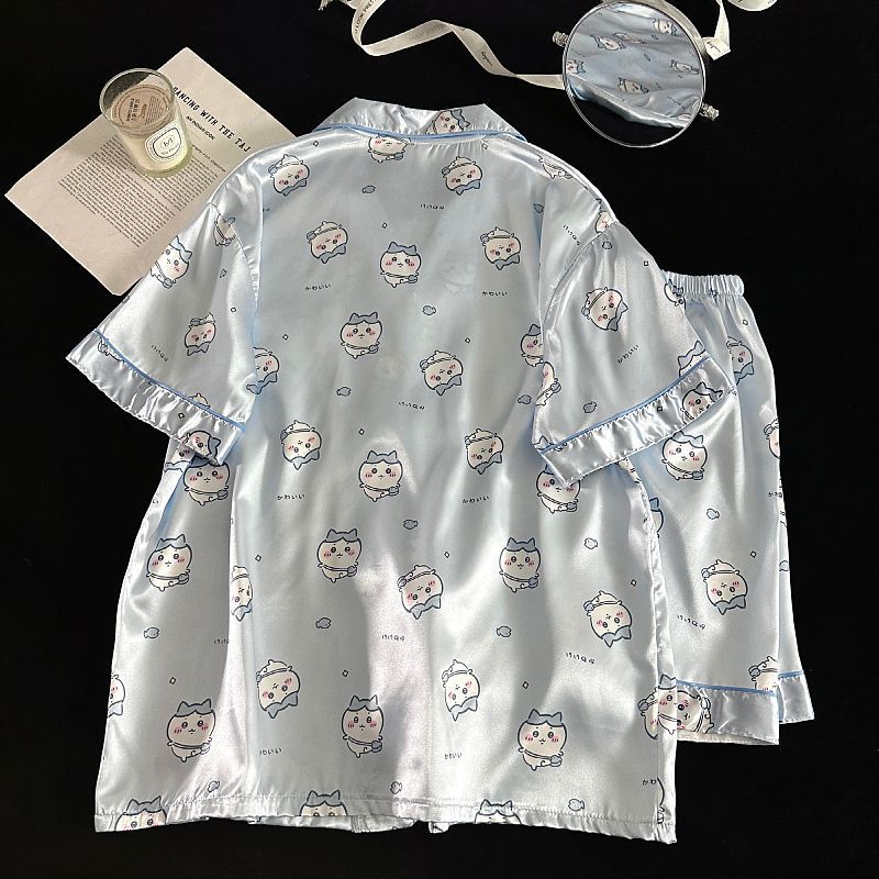 Pijamas de alta gama, pantalones cortos de manga corta de seda de simulación de verano para mujer, traje de servicio a domicilio de estudiante de niña dulce y lindo, estilo delgado