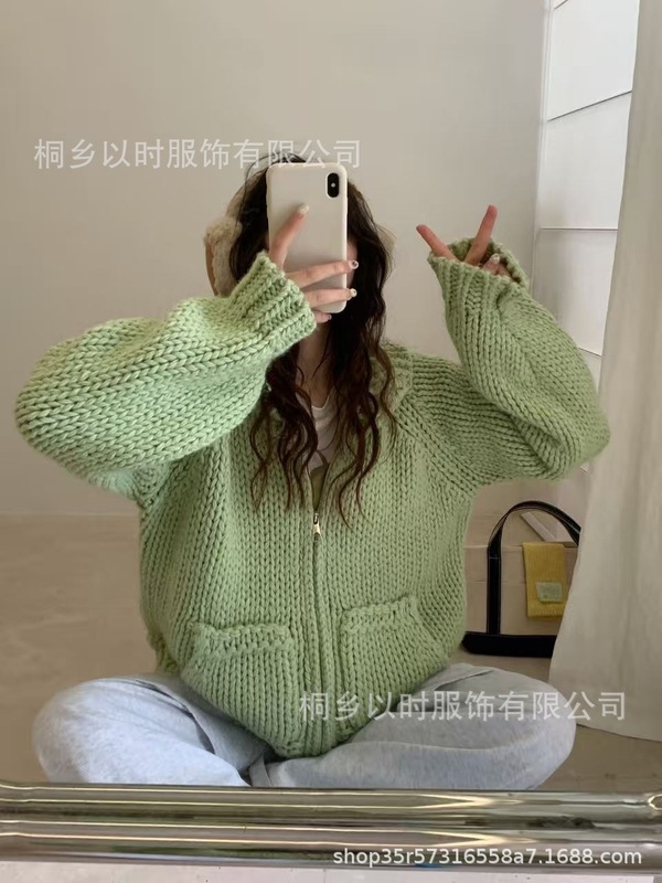 以时 韩系简约棒针翻领羊毛毛衣外套 秋冬超厚粗针拉链针织开衫女|undefined