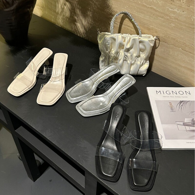 French-Style Transparent Strap Sandals for Women, Summer 2024, Internet Celebrity Hot Item, Silver Open-Toe High-Heeled Sandals, Women's Stiletto Heels