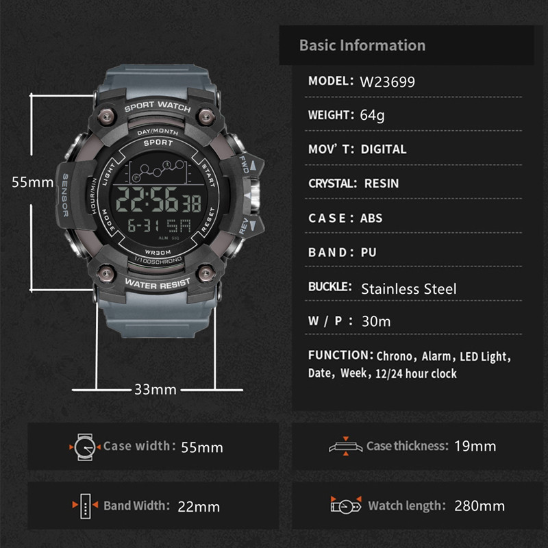 Reloj electrónico impermeable al aire libre de los hombres multifuncionales Venta caliente transfronteriza luminosa digital dial grande reloj electrónico reloj deportivo