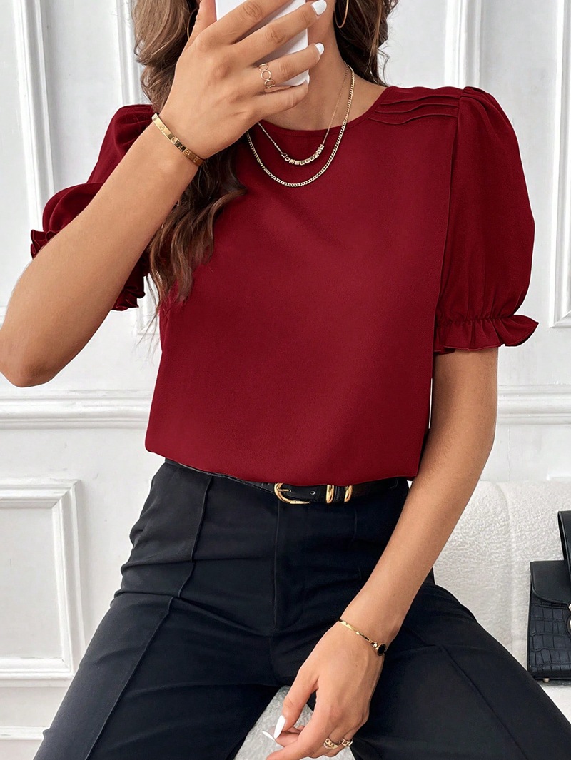 203g Weight Short Sleeve Sleeve Length Pullovers Placket Type Bishop Sleeve Sleeve Type Polyester Fabric Type Regular Top Length Blouse Tops Type Daily Occasion Round Neck Neckline Regular Fit Fit Type Solid Color Pattern Summer, Spring Season Women's Gender Elegant, Streetwear Style Wholesale Women's Elegant Streetwear Solid Color Short Sleeve Blouses 无