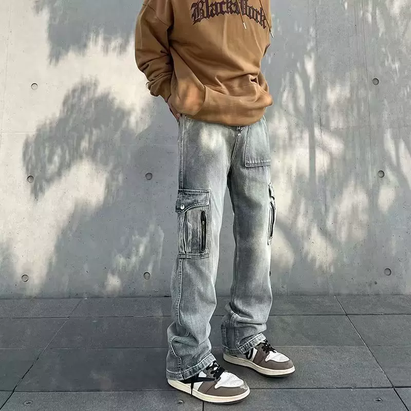 美式高街复古vibe风水洗做旧多口袋工装牛仔裤男ins潮流直筒裤子