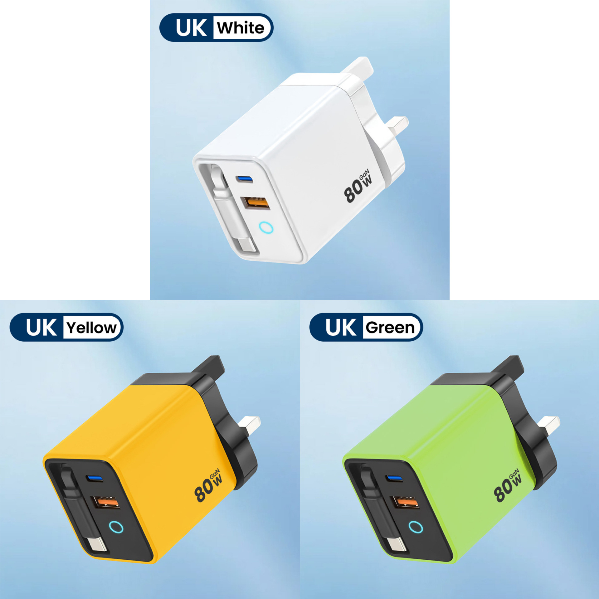 Cargador de nitruro de gallio de 80W PD cabezal de carga rápida para Apple Huawei Xiaomi con lámpara cargador de cable telescópico plegable