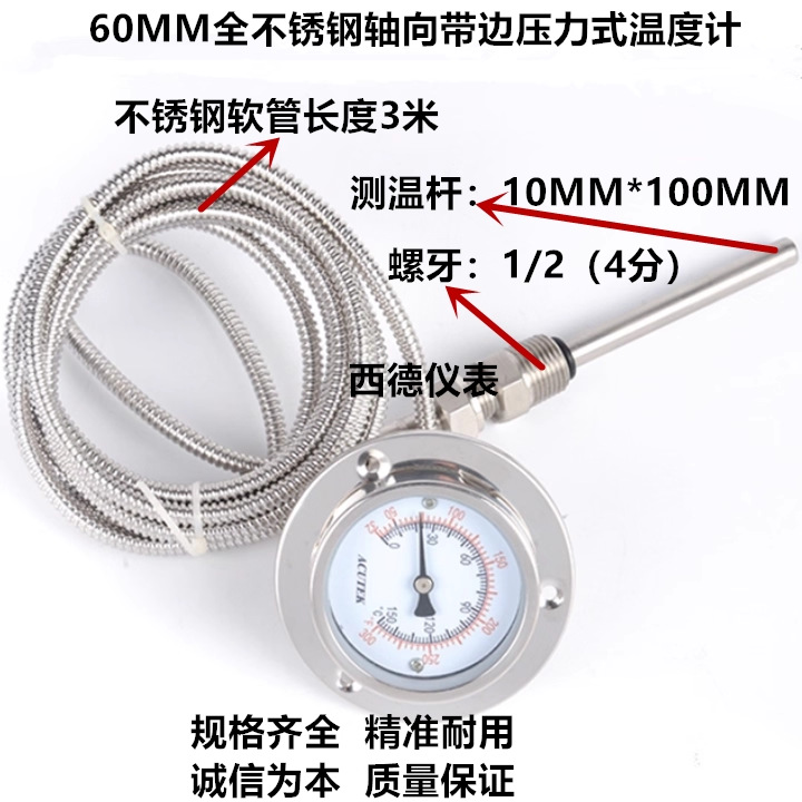 全不锈钢 60MM轴向带边压力式温度计 全不锈钢温度计