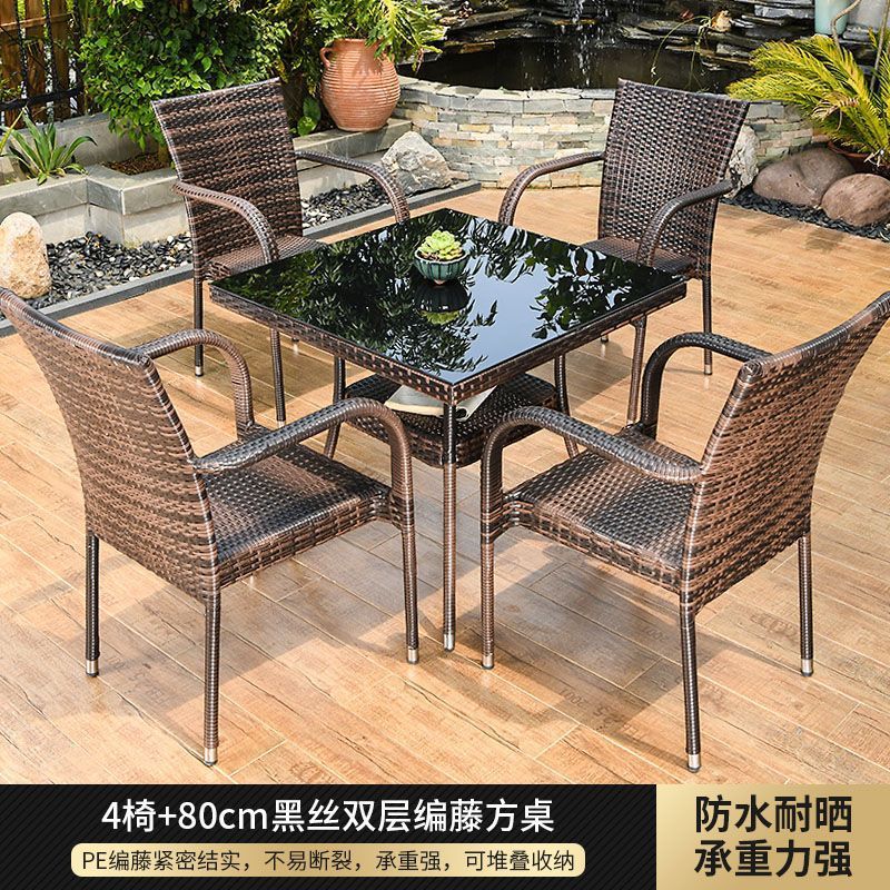 (프리쿠션) 의자 4개 + 80cm 블랙 실크 더블 레이어 사각 테이블