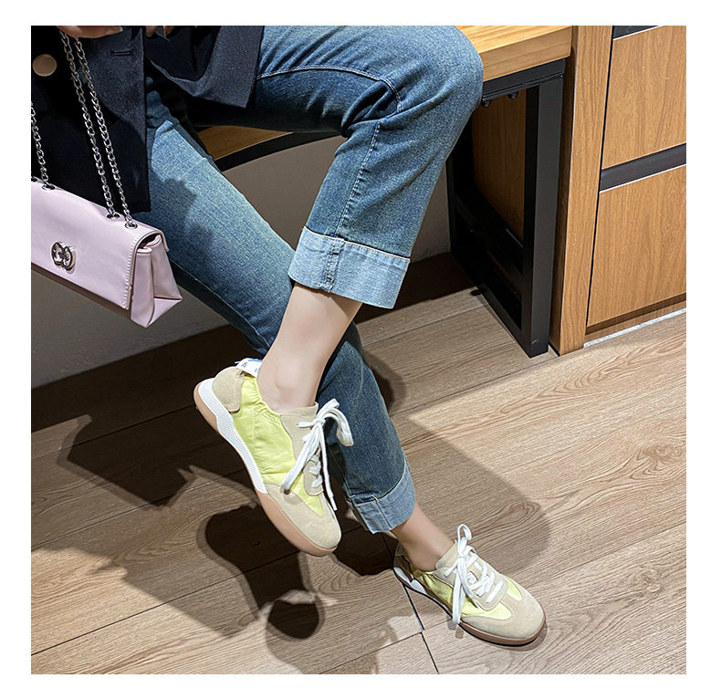 Giày sneaker nữ da thật phối lưới kiểu ballet, đế cao su chống trượt, dây buộc — Màu hồng, Màu mơ, Màu vàng chi tiết 26