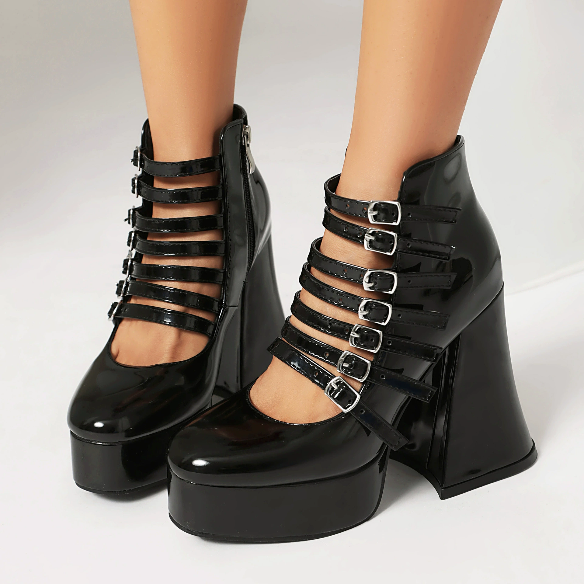 Platform high‑heel patent leather boots, 12 cm heel, microfiber lining, sizes 35–43 (custom)